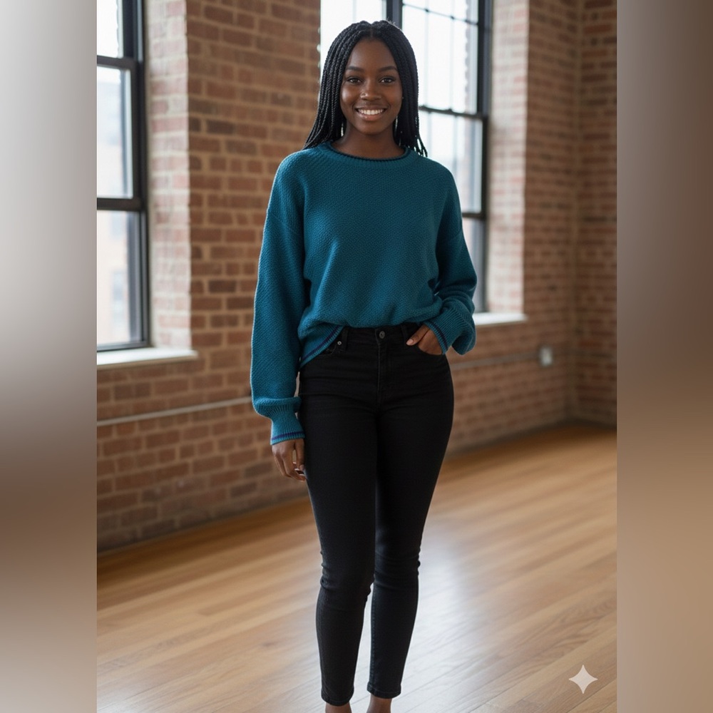 Colours Women’s Vibrant Blue-Green  Crewneck Sweater with Purple Trim